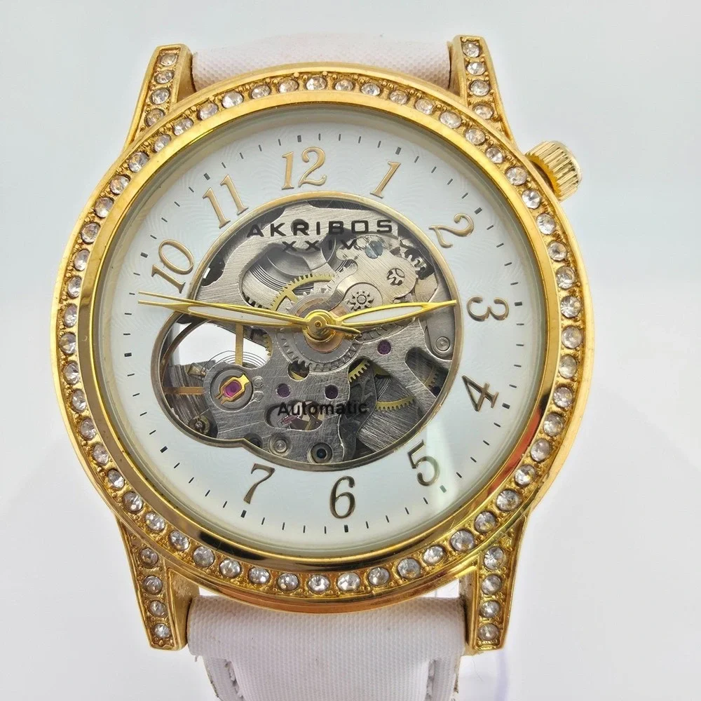 AKRIBOS XXIV Ladies Skeleton Watch Automatic Self Winding Gears Gold Plate 7.75